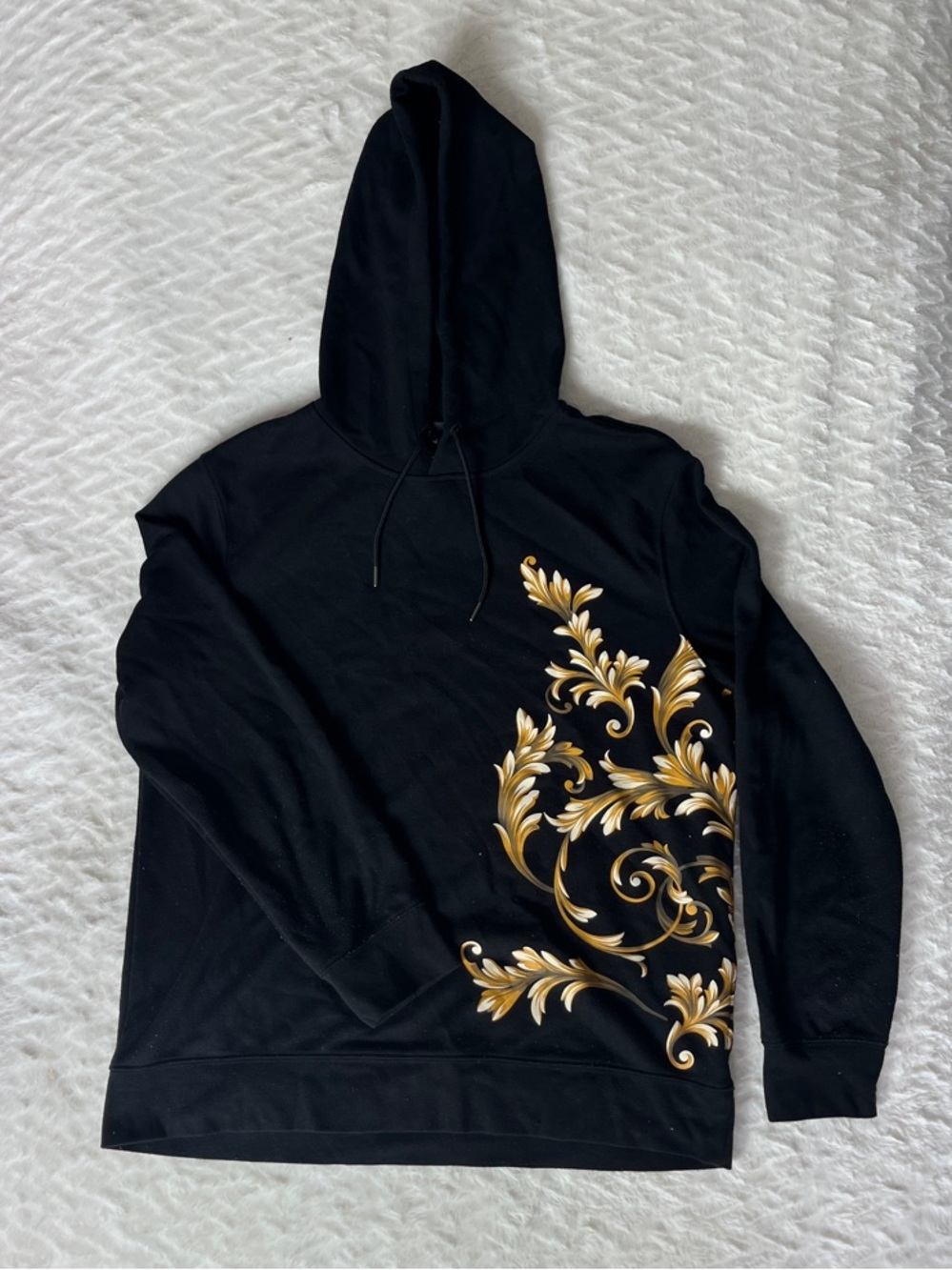 H&M Women’s Black Hoodie with Gold Baroque Scroll Print